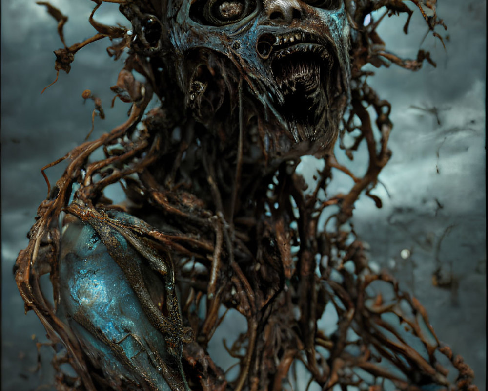 Elongated humanoid figure intertwined with branches on dark background