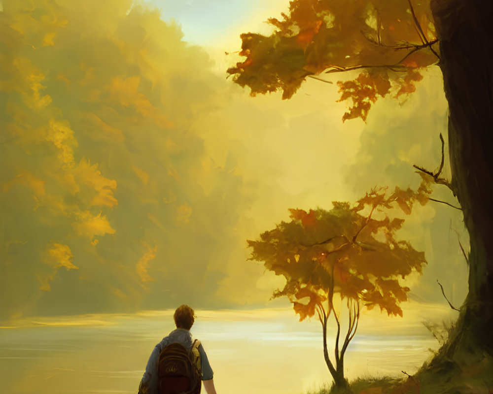 Person walking by lake surrounded by autumn trees with warm light