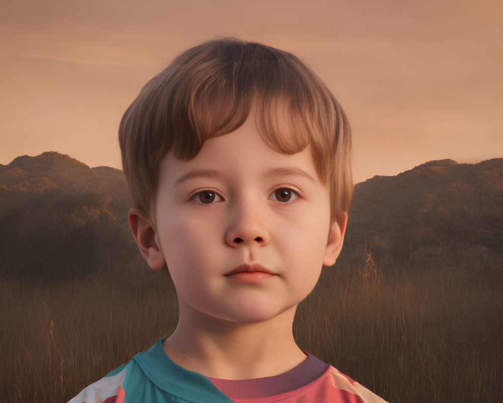 Contemplative child in colorful shirt against sunset backdrop