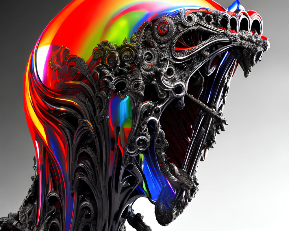 Colorful 3D illustration: biomechanical creature with rainbow mane and metallic structures