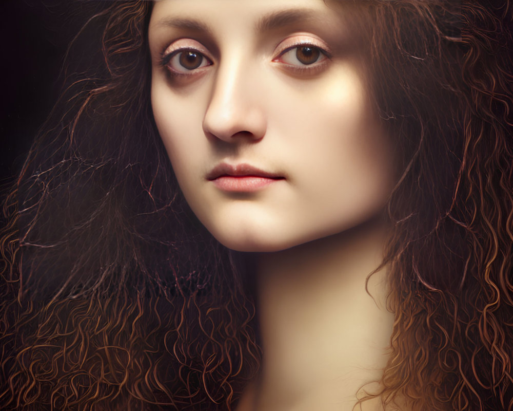 Portrait of woman with curly hair and brown eyes on dark background