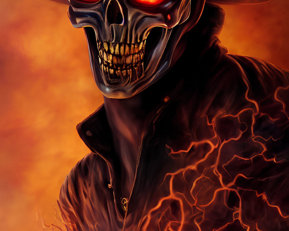 Glowing-eyed skull in wide-brimmed hat against fiery backdrop