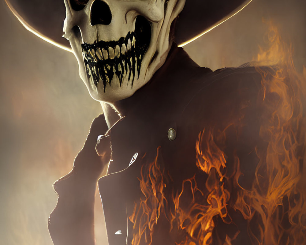 Skull-faced cowboy figure engulfed in flames