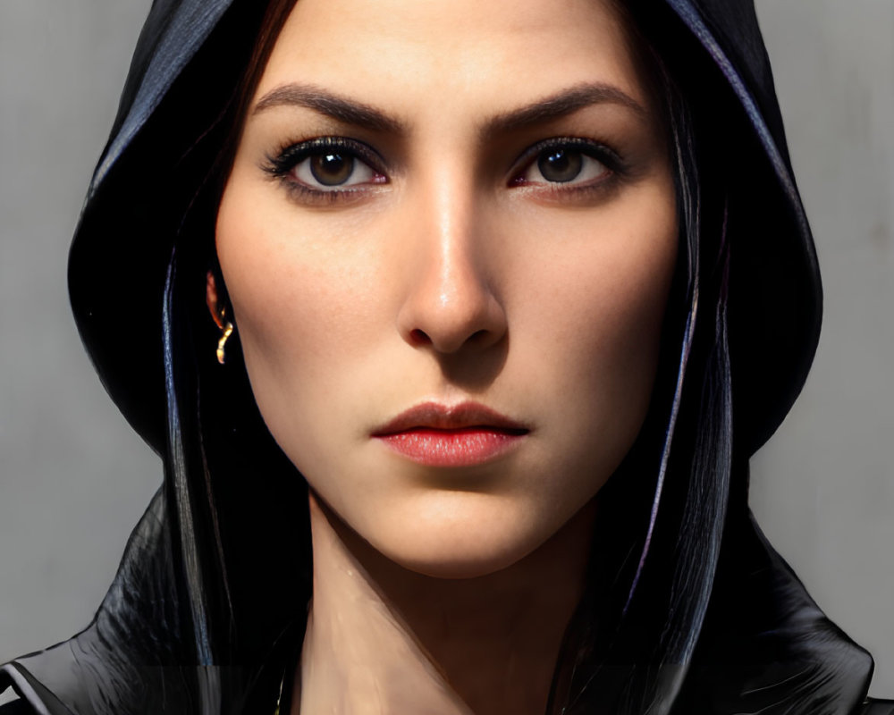 Digital portrait of woman in dark hood with gold emblem, uniform, and medals, exuding authority.