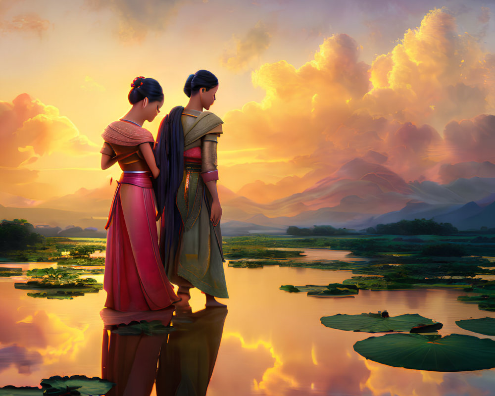 Traditional Attire Women by Lake at Sunset with Mountain Backdrop