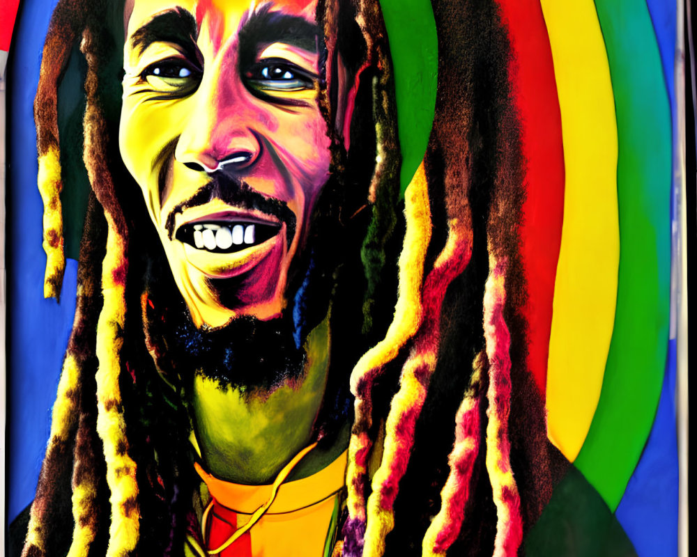 Colorful portrait with smiling person and dreadlocks against rainbow circles