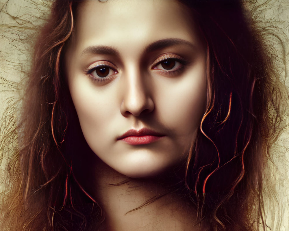 Close-up portrait of woman with striking eyes and disheveled hair on beige background