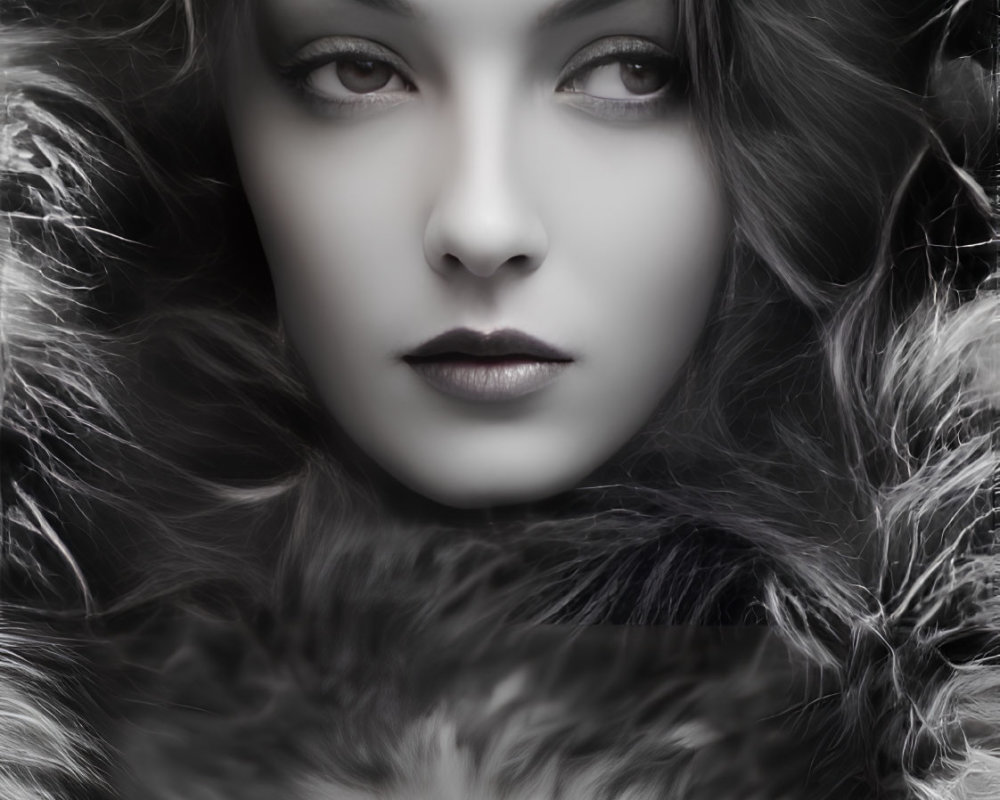 Monochrome portrait of woman in fur-like material