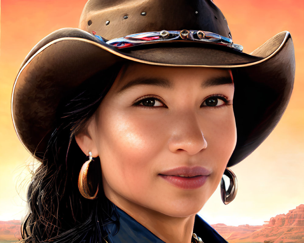 Cowboy hat woman portrait in western attire against sunset sky