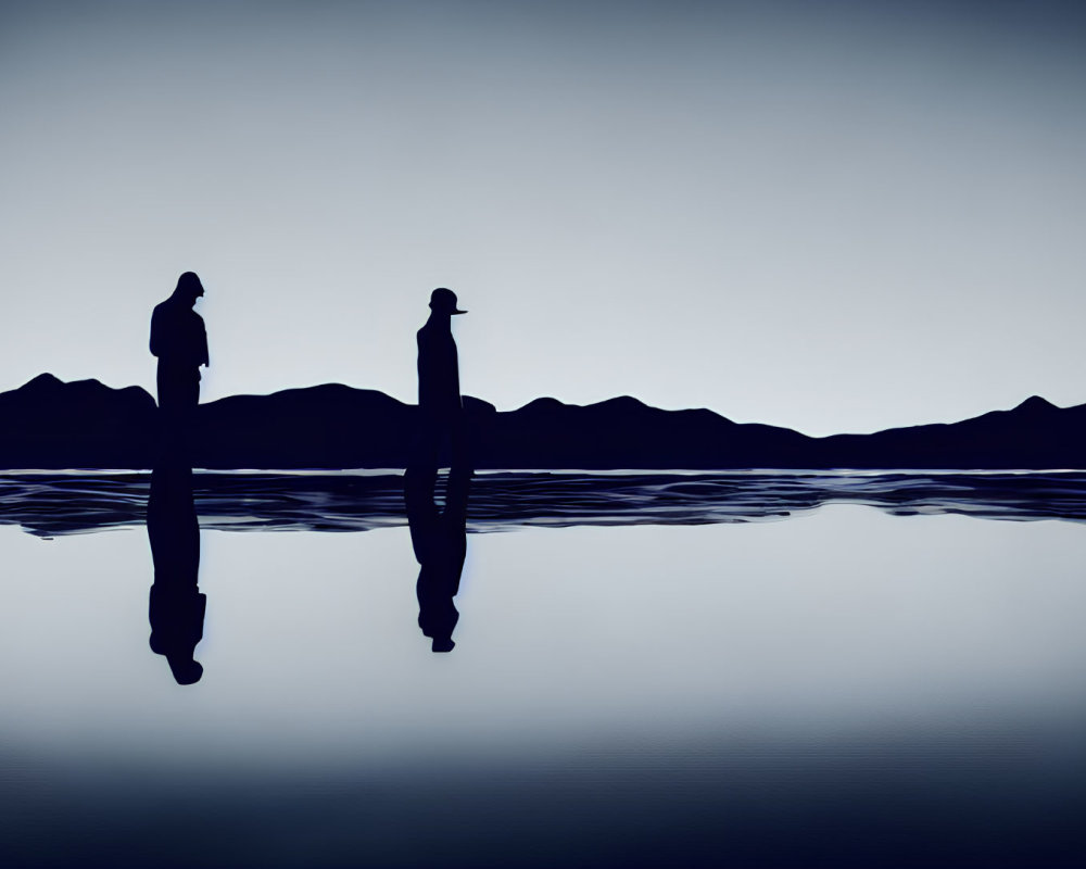 Silhouetted figures by calm water with mountain reflections in blue tones