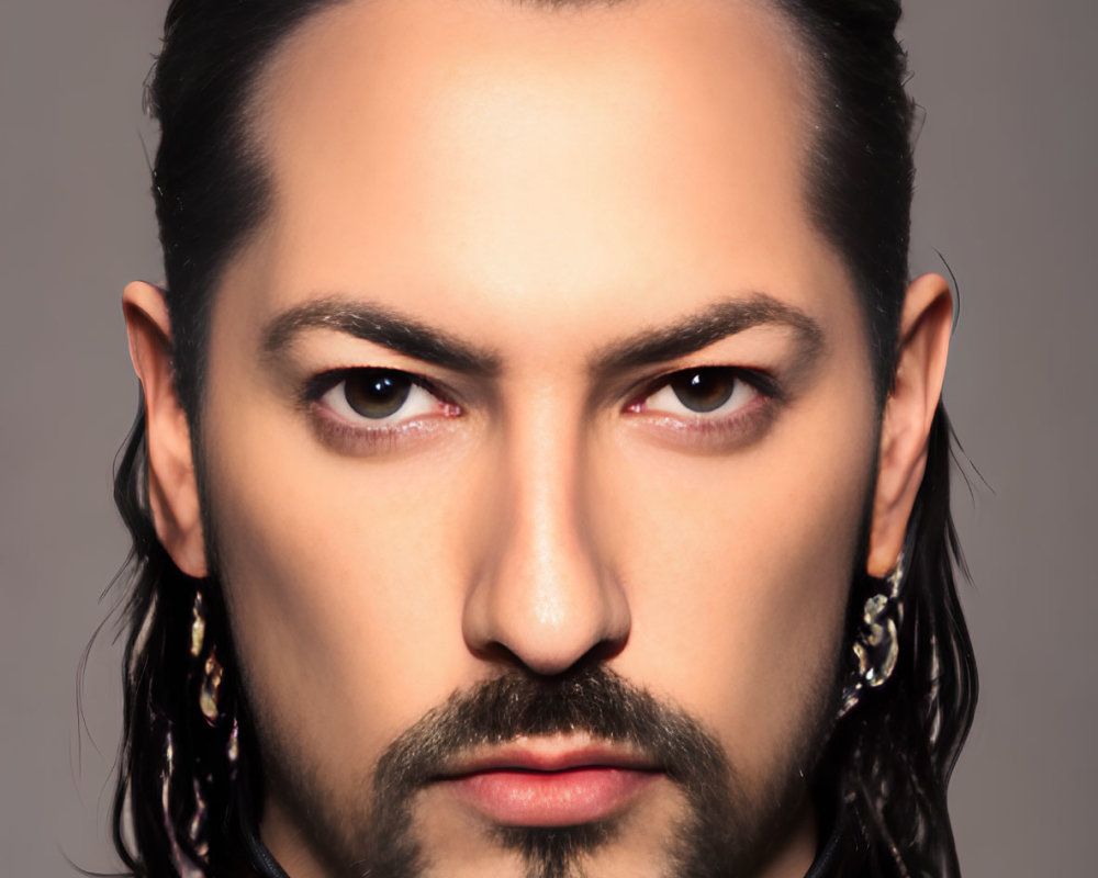 Intense man with dark hair and leather jacket portrait