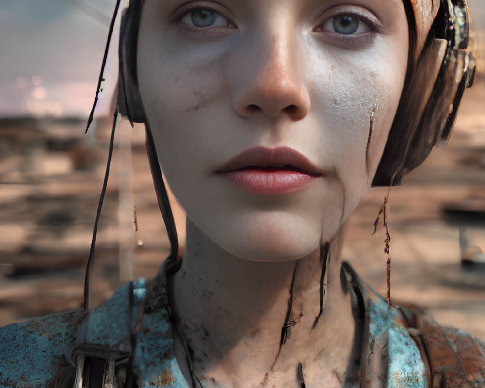 Determined woman in tattered outfit with dirt on face in desolate setting