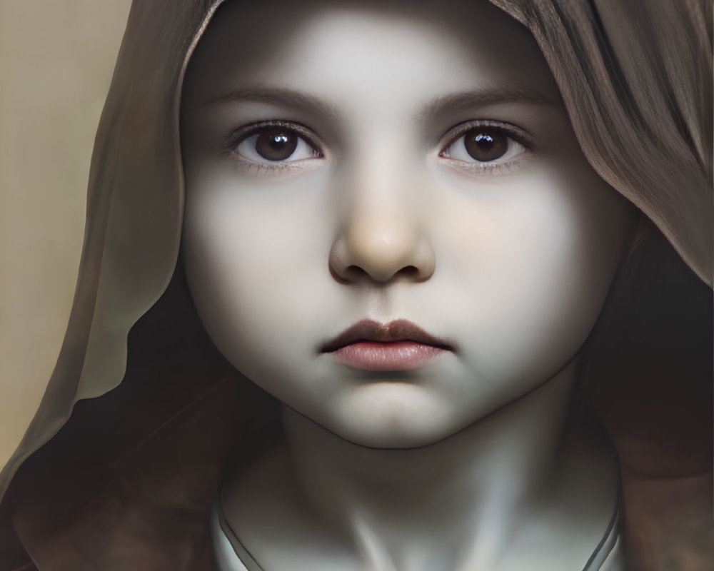 Digital art portrait of young girl with large, expressive eyes and draped head covering.