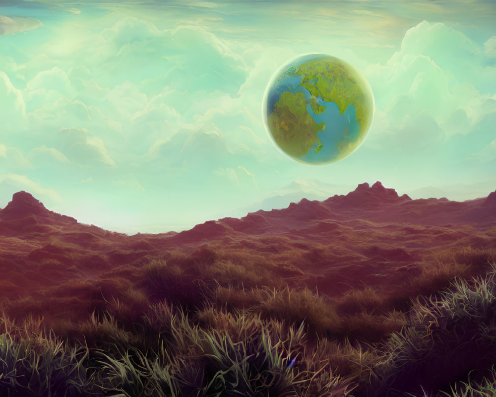 Surreal landscape with green terrain and large distant planet