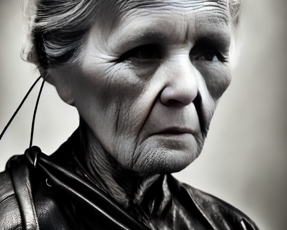 Detailed Close-Up of Elderly Woman in Black Leather Jacket