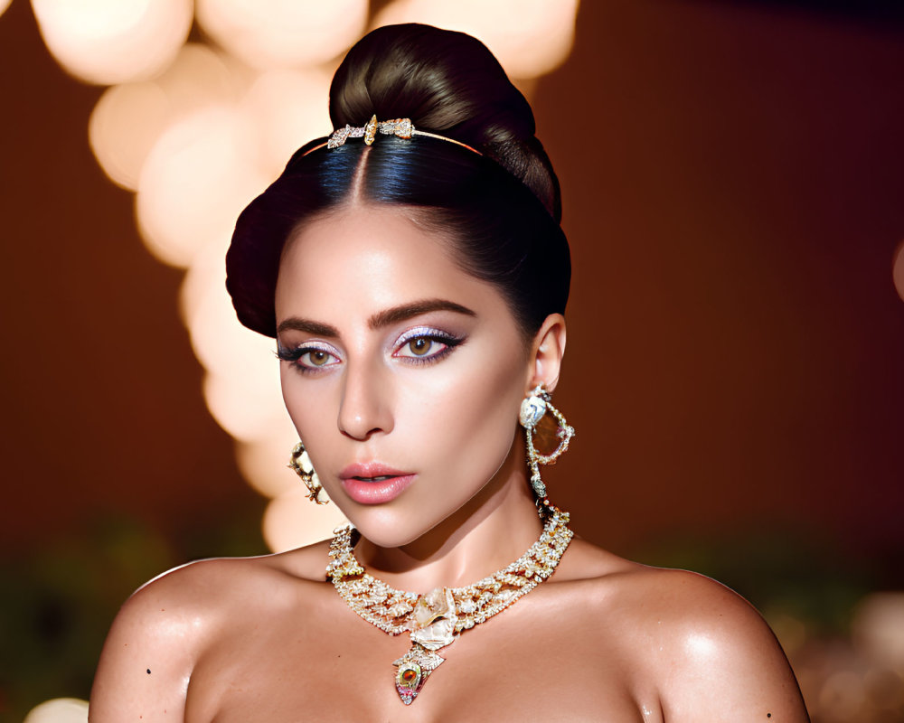 Woman with elegant updo and luxurious jewelry on bokeh light backdrop