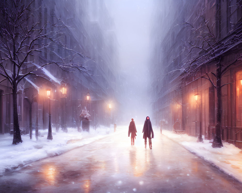 Couple walking in snow-covered city under purple sky