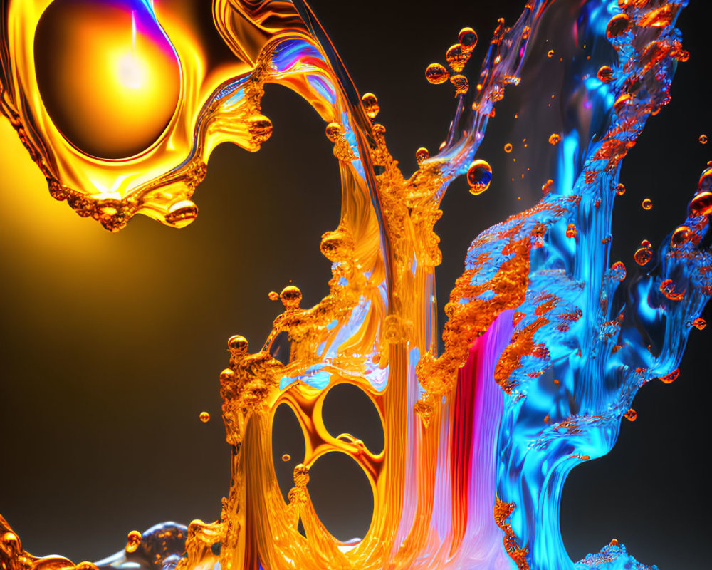 Colorful 3D rendering of dynamic liquid splash in blue and orange hues