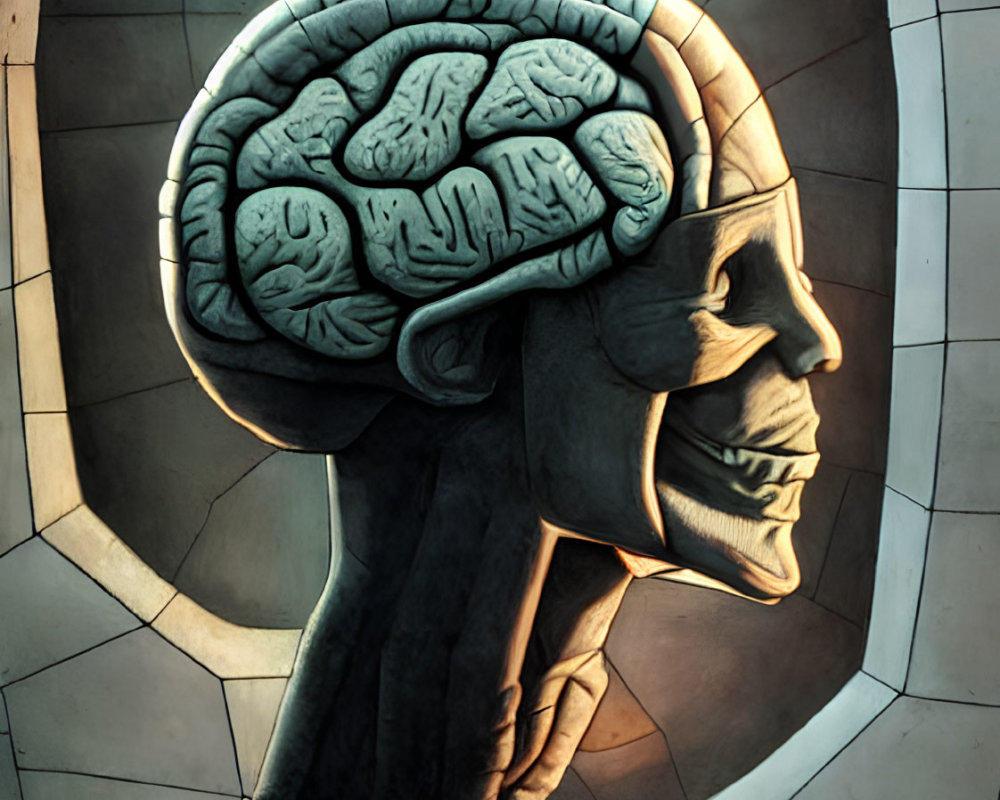 Detailed graphic illustration of exposed brain in profile view.