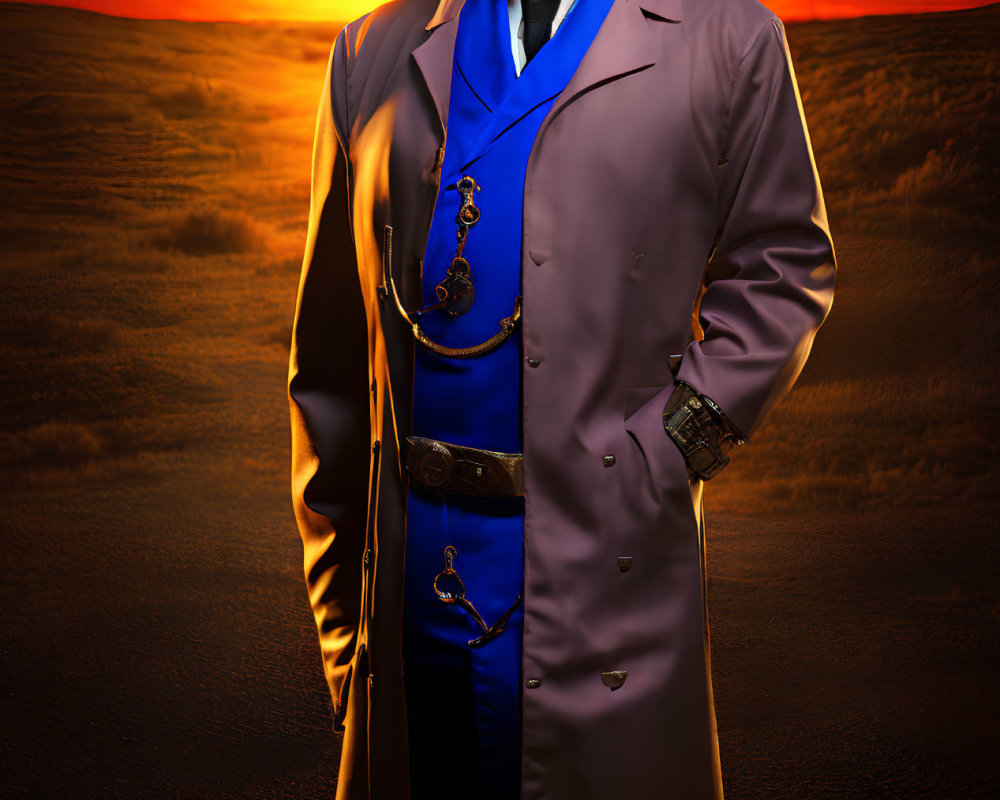 Man with Beard in Trench Coat & Blue Suit Artwork Against Sunset Desert