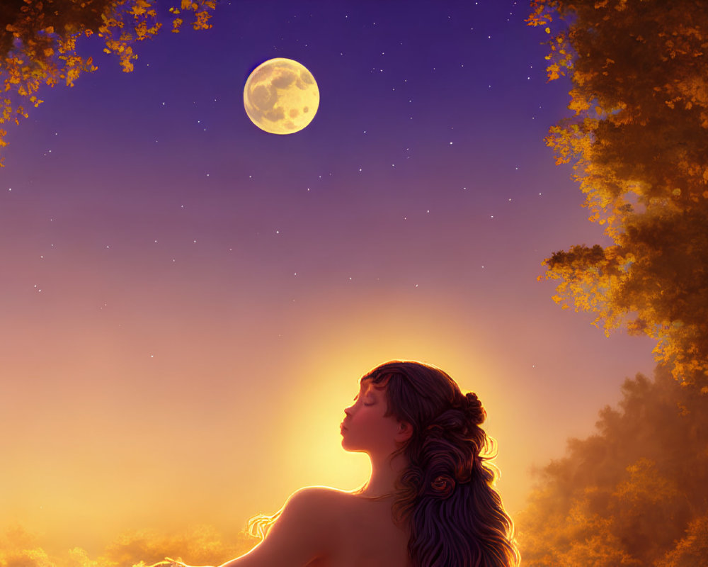 Woman admiring full moon in starry sky with golden-leafed trees.