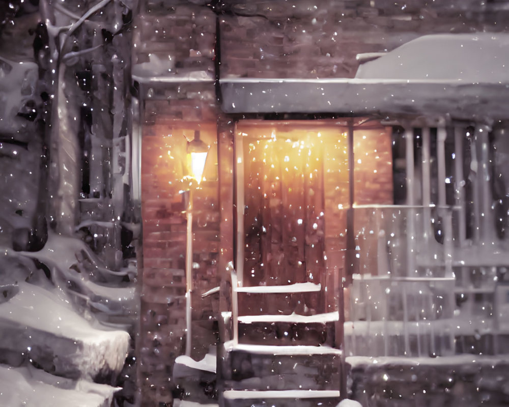 Snowy night house entrance with warm lighting