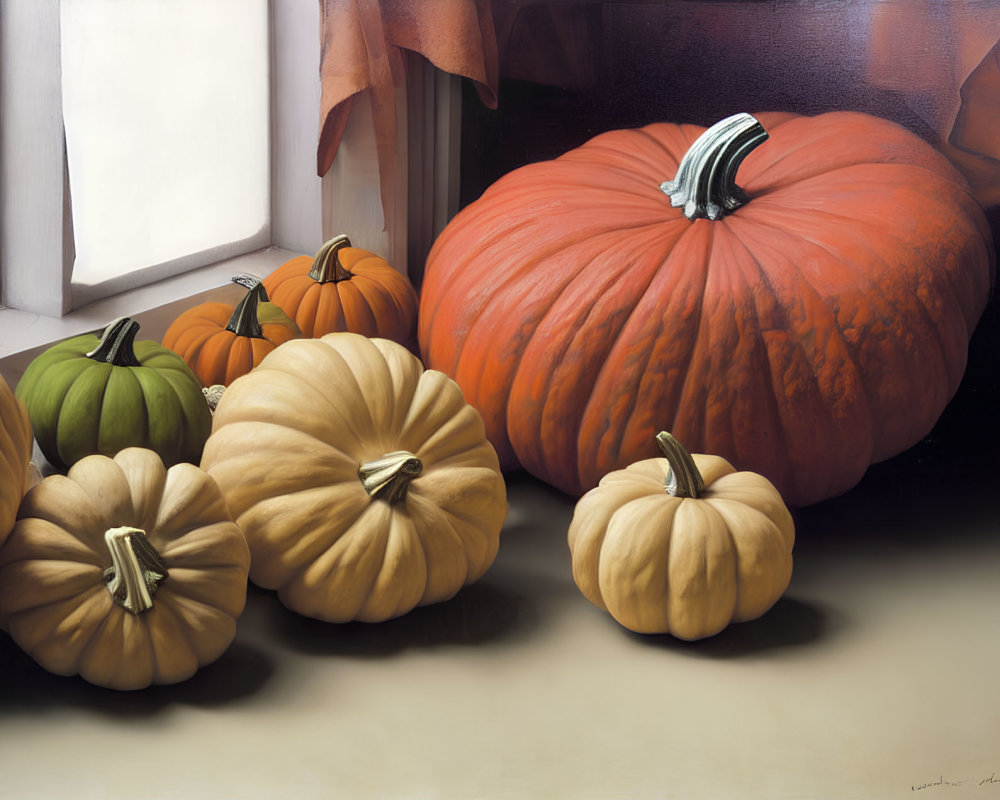 Variety of pumpkins near window with draped curtain