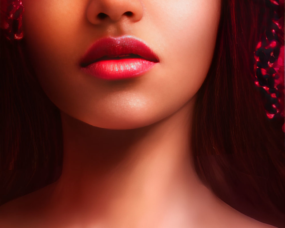 Woman with red floral adornments gazing against warm background