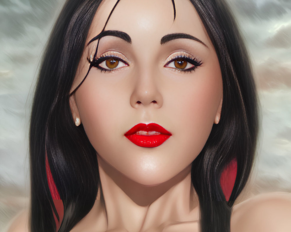 Digital portrait of woman with long black hair and red lipstick against blurry background