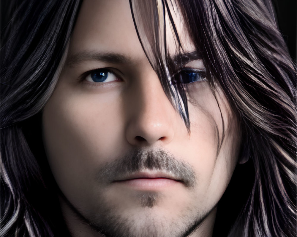 Person with Striking Blue Eyes and Long Dark Hair Close-Up