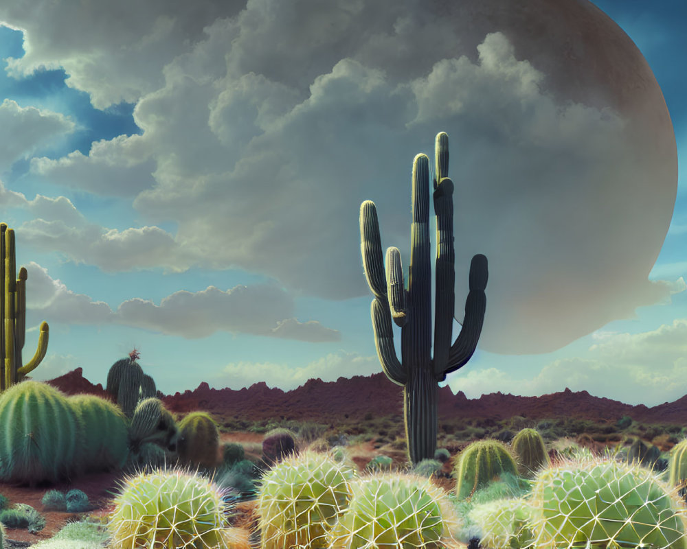 Surreal desert landscape with cacti under large moon