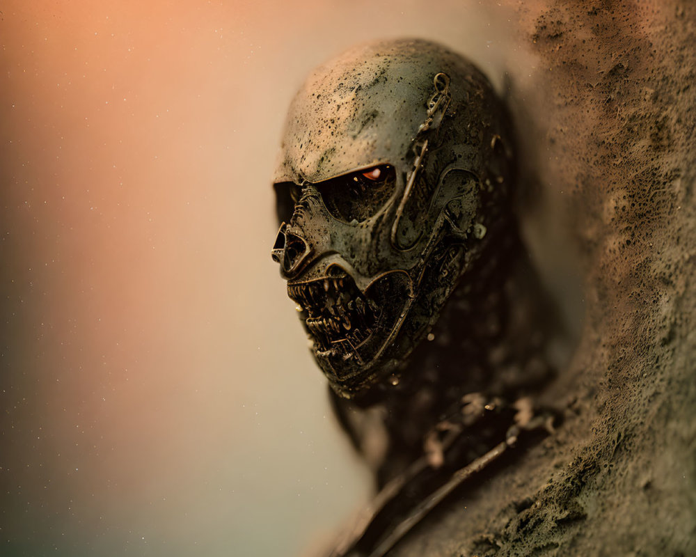 Detailed Terminator robot head close-up with disintegrating effect on warm backdrop