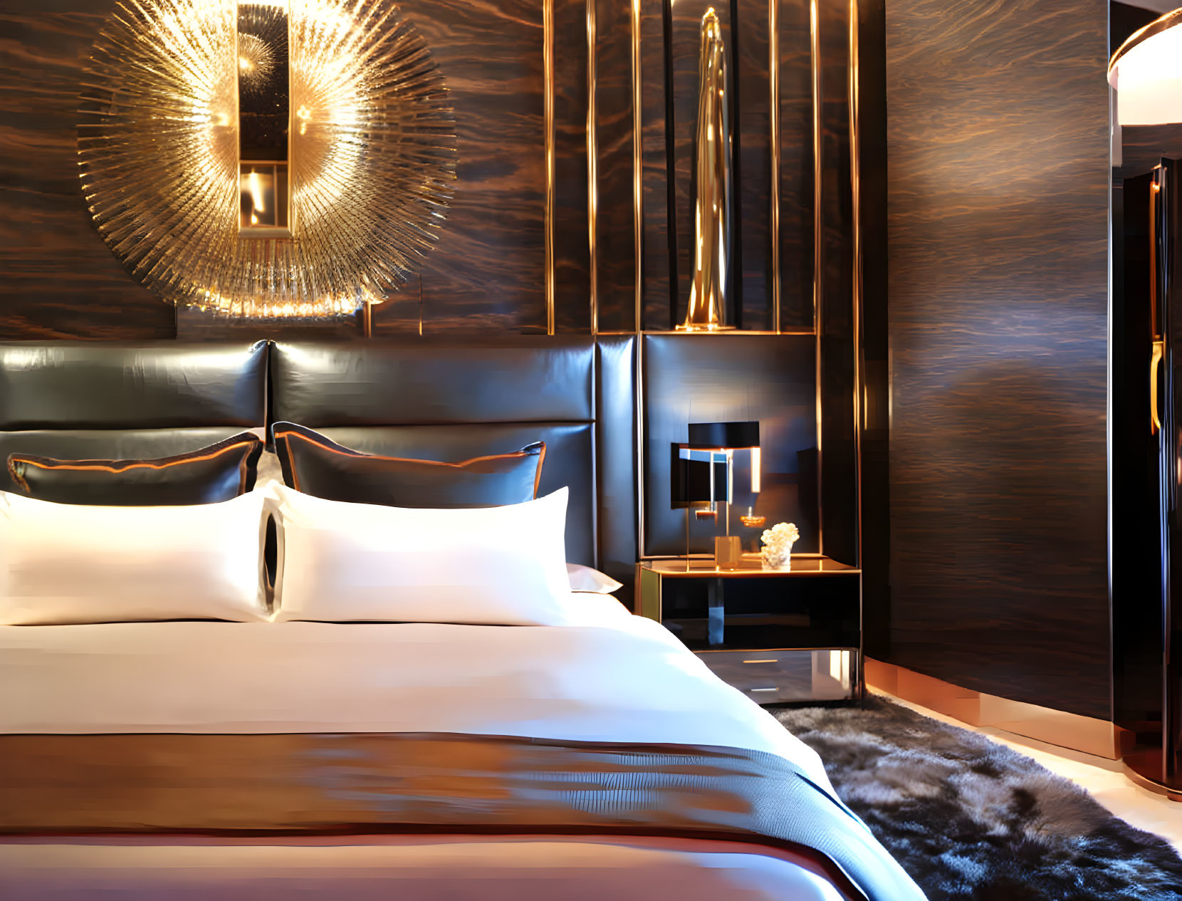 Elegant hotel room with king-sized bed, golden accents, modern lighting, and wood paneling