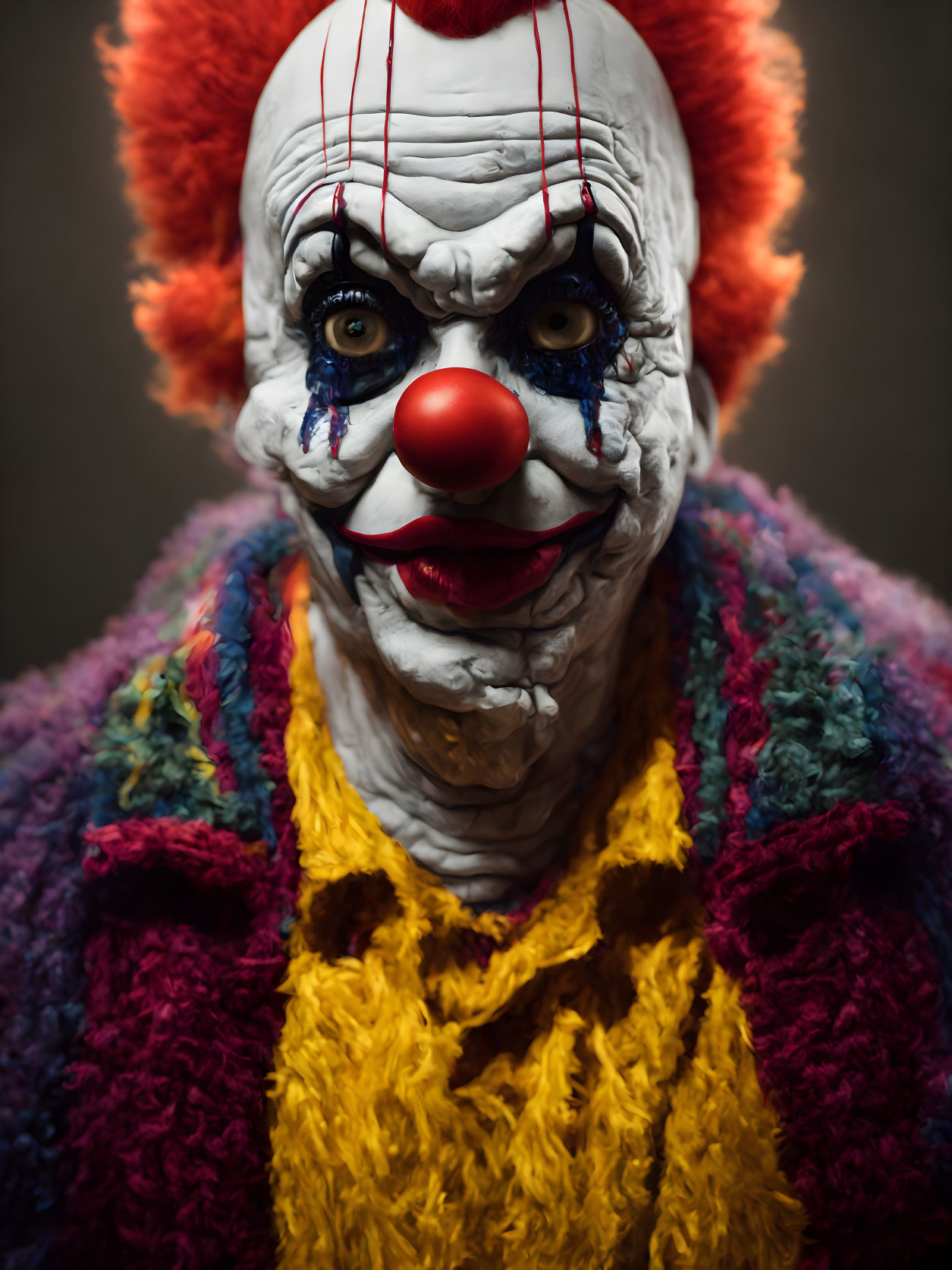 Colorful clown in vibrant costume staring intensely.