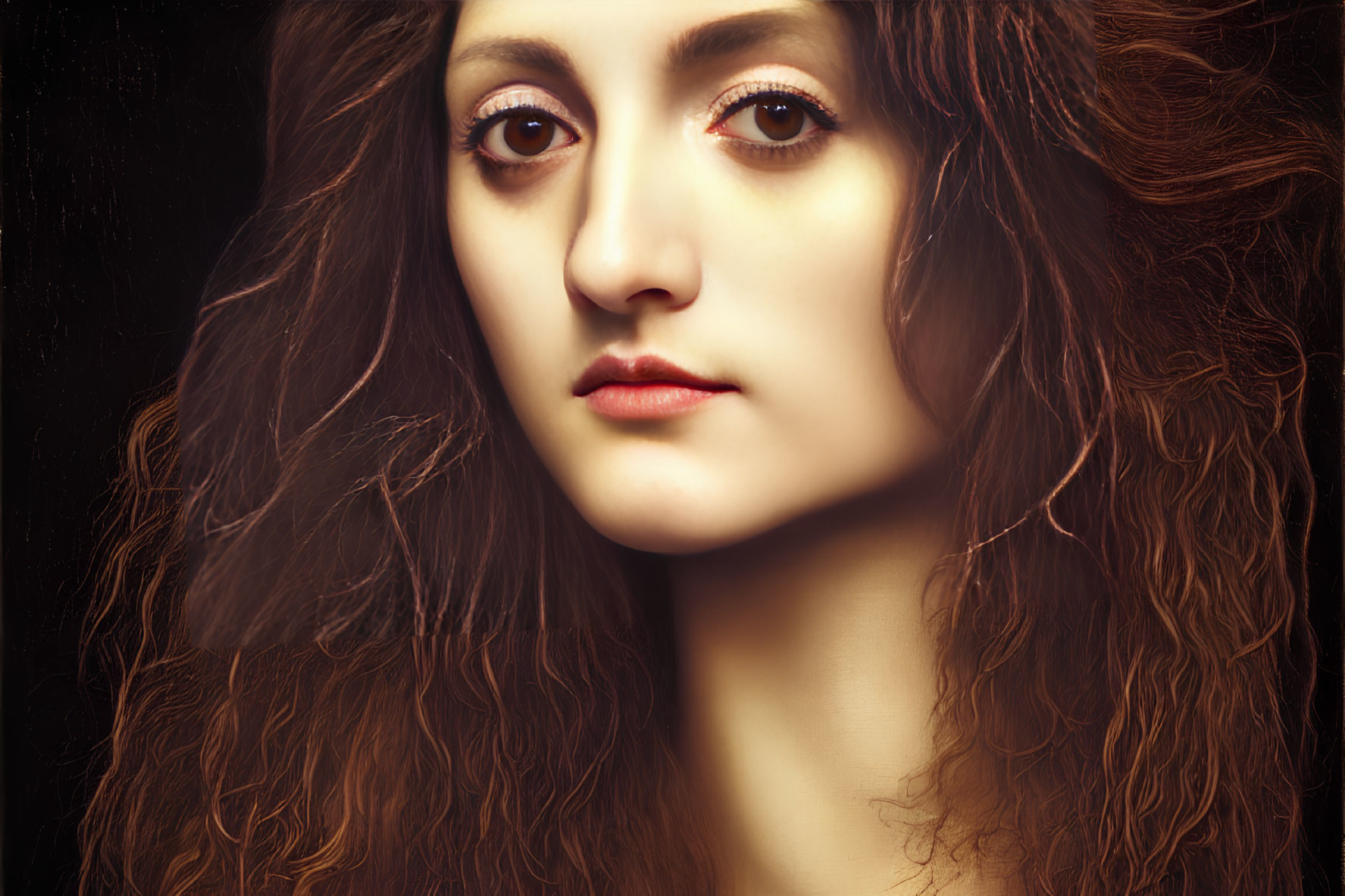 Portrait of Woman with Voluminous Curly Hair and Striking Eyes on Dark Background