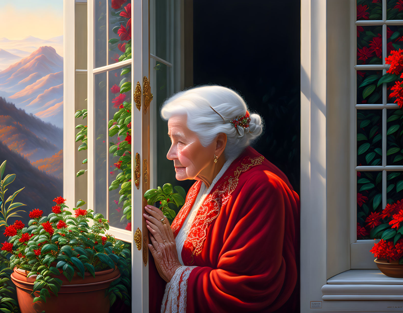 Elderly Woman in Red Robe Looking Out Window at Mountain Landscape