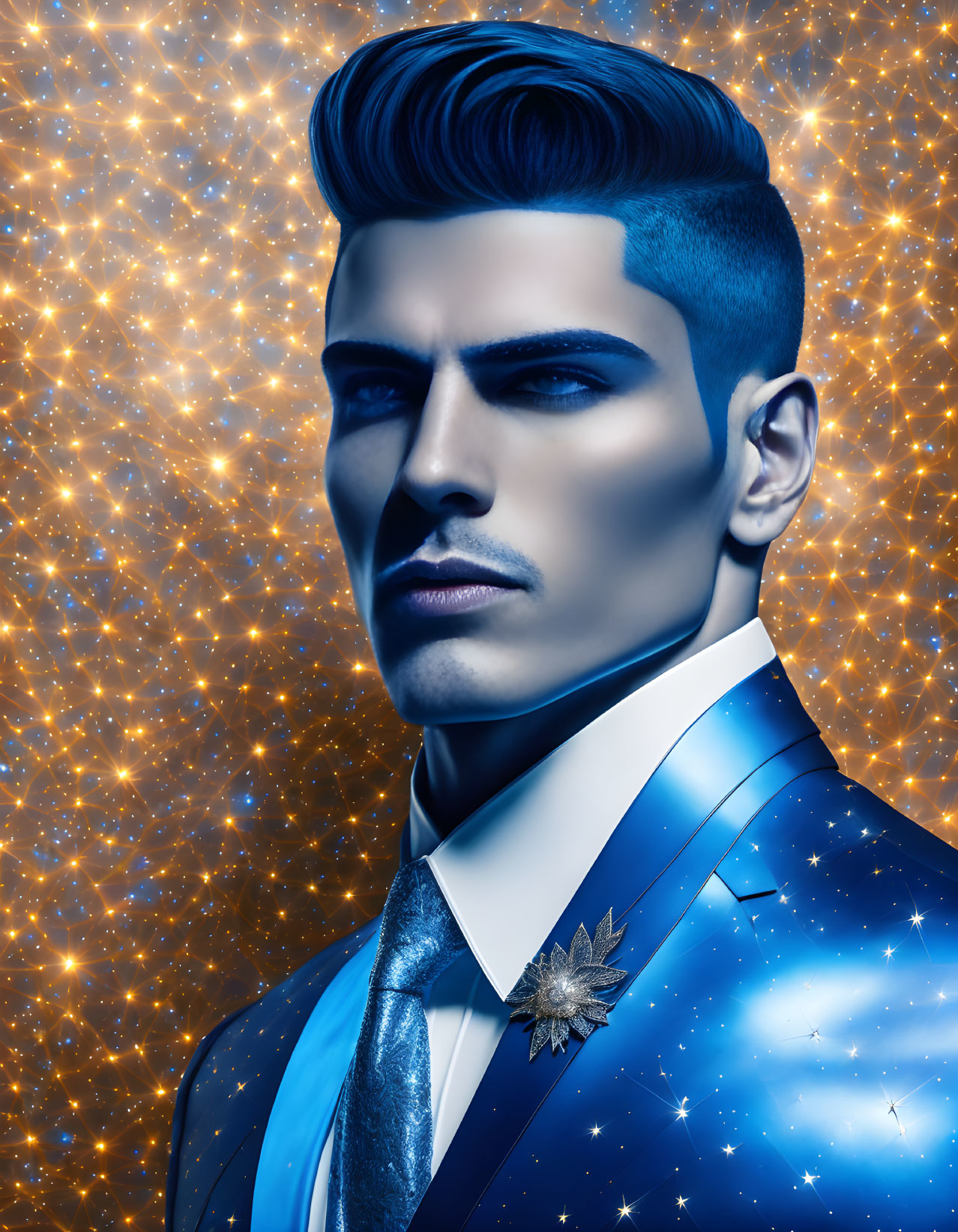 Blue-skinned man in sharp suit against starry backdrop