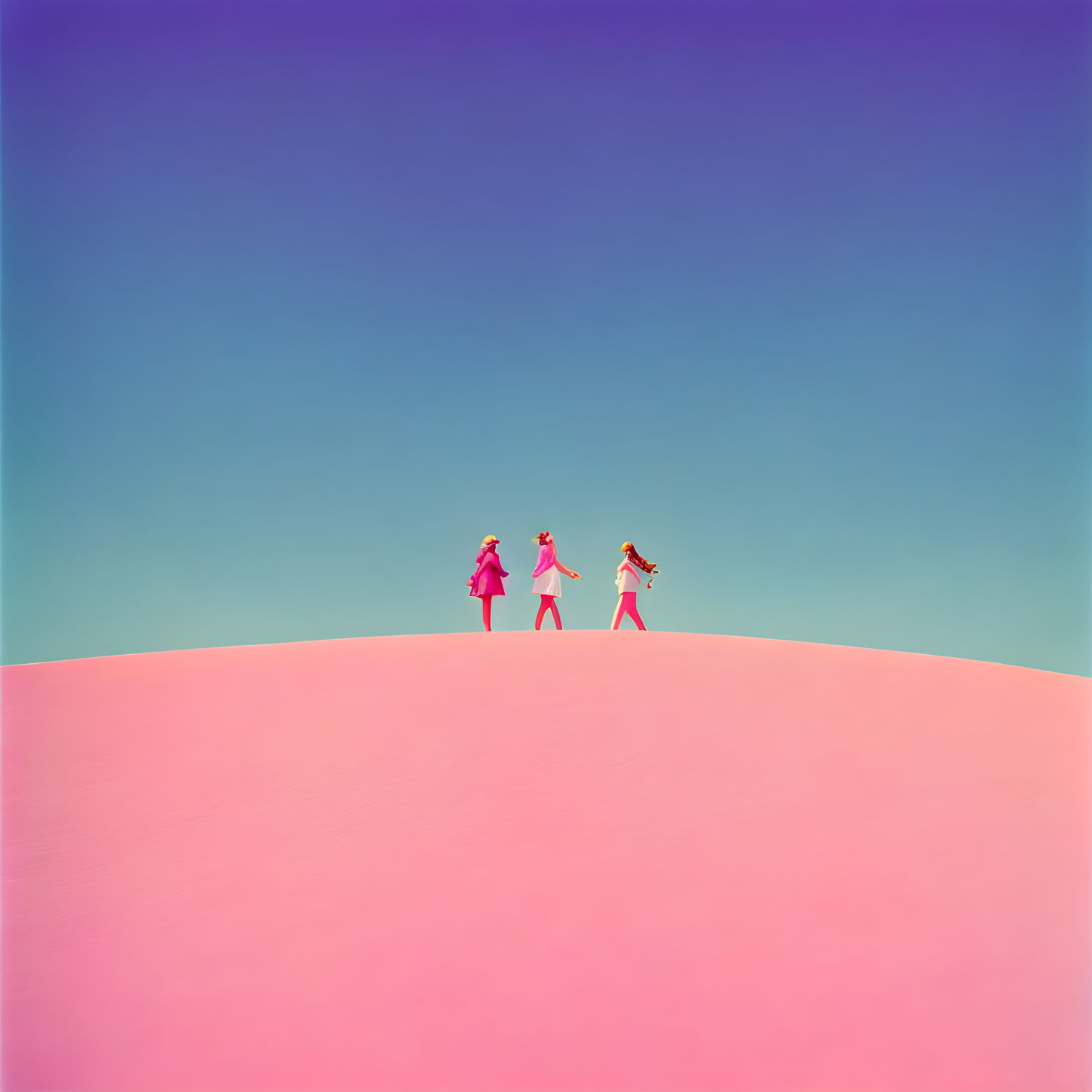 Colorfully dressed trio on surreal pink sand dune under gradient sky