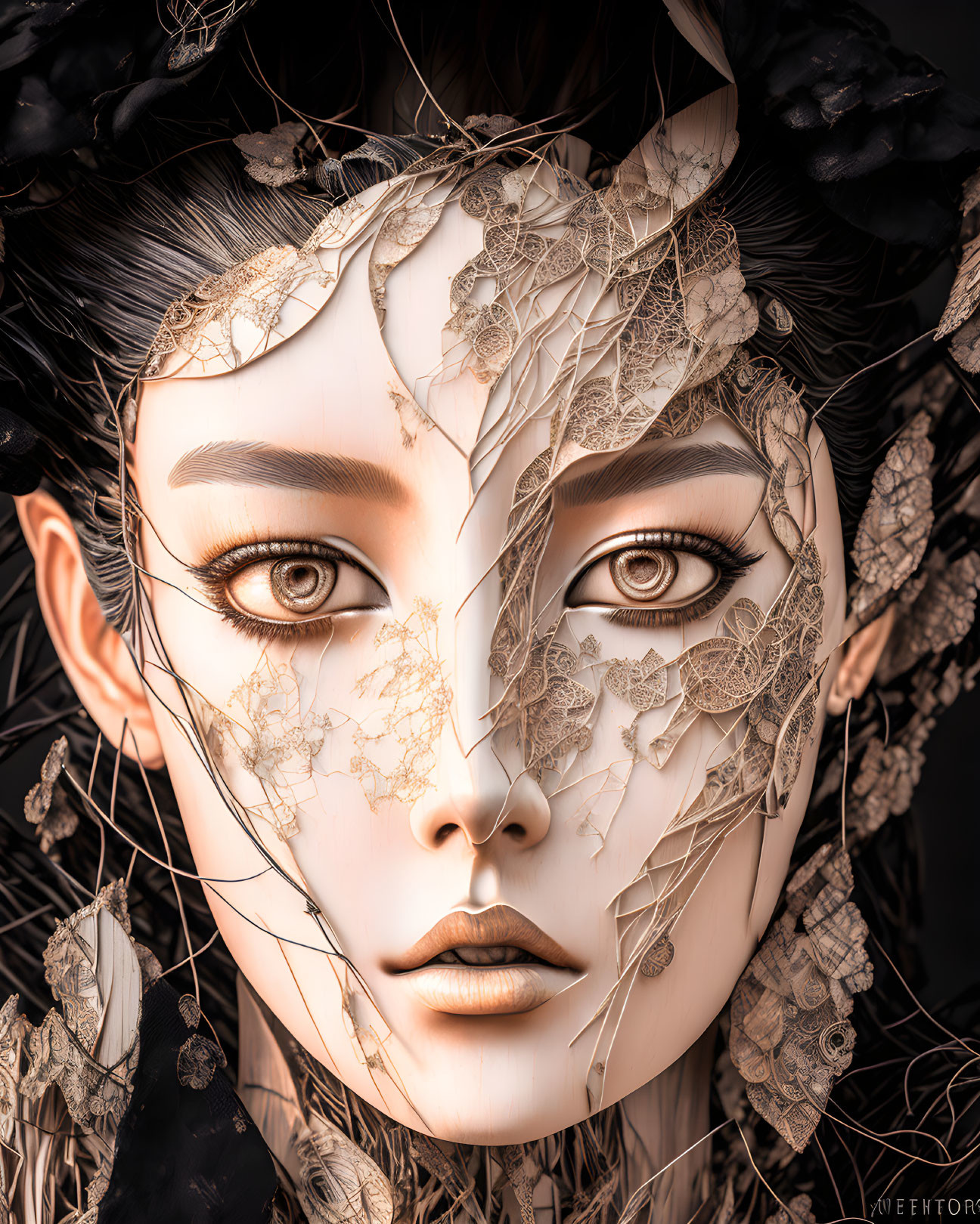 Detailed Digital Art Portrait: Woman with Lace and Leaf Patterns, Brown Eyes, Dark Background