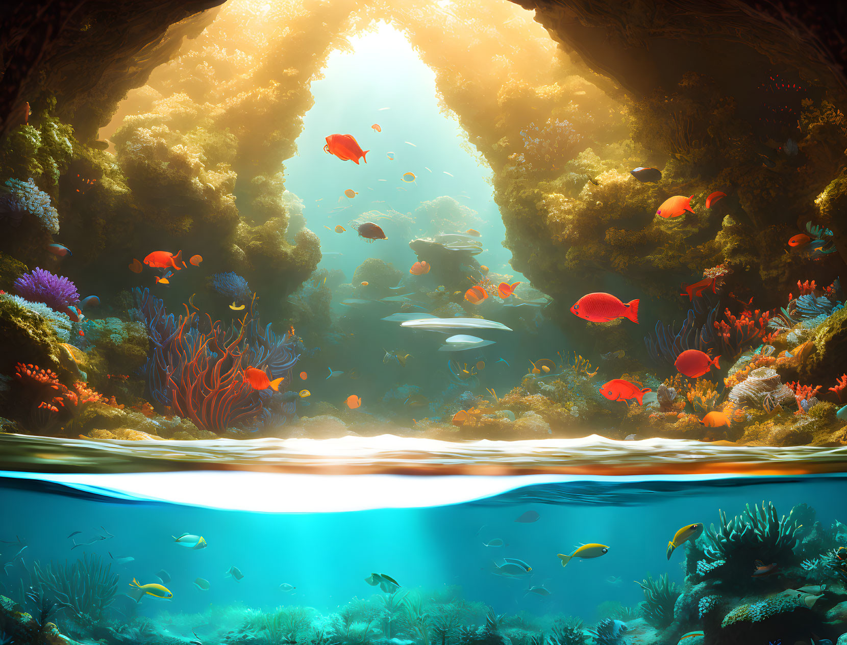 Colorful Fish and Corals in Vibrant Underwater Scene