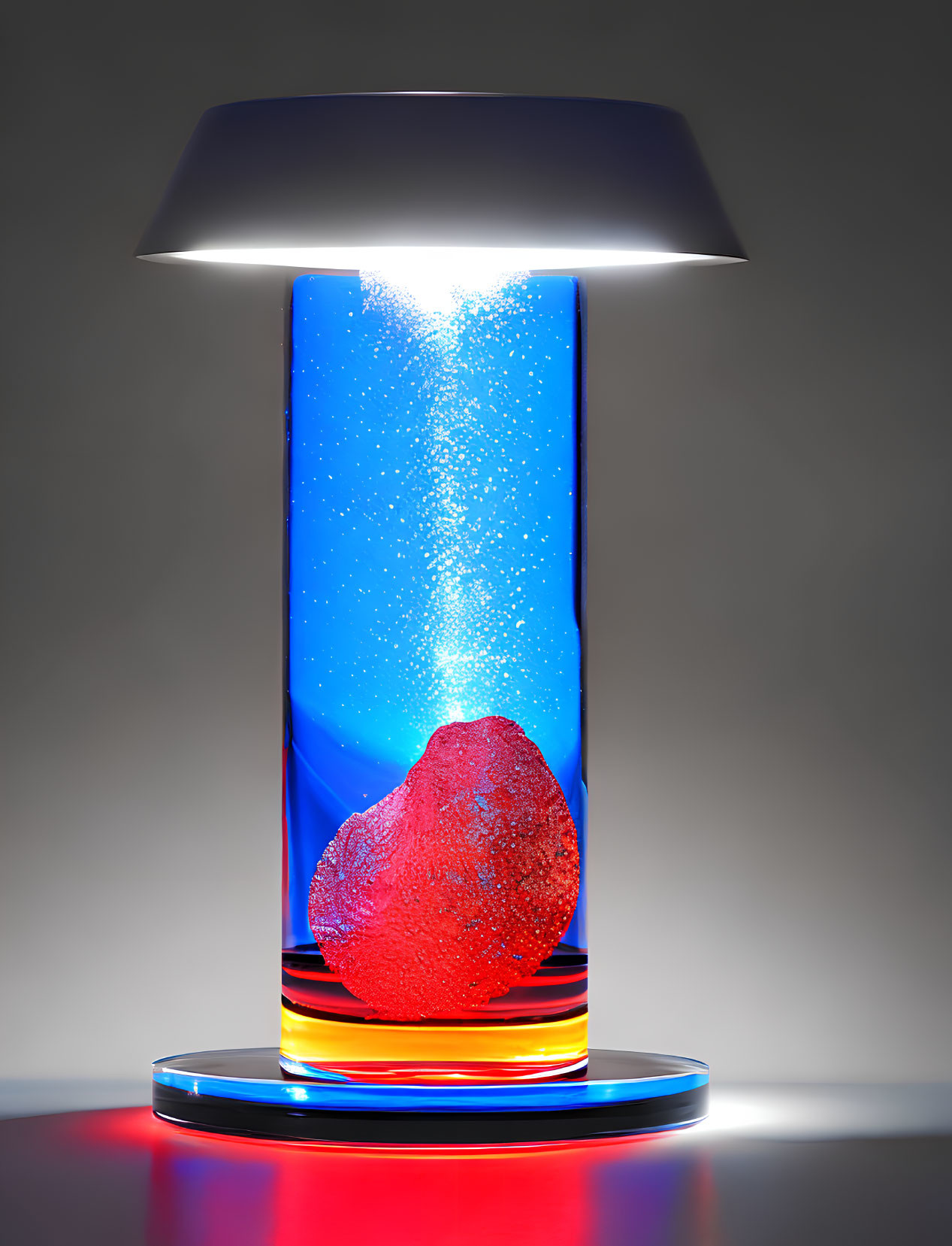 Dark Grey Cap Modern Lava Lamp with Red Blob and Blue Glitter