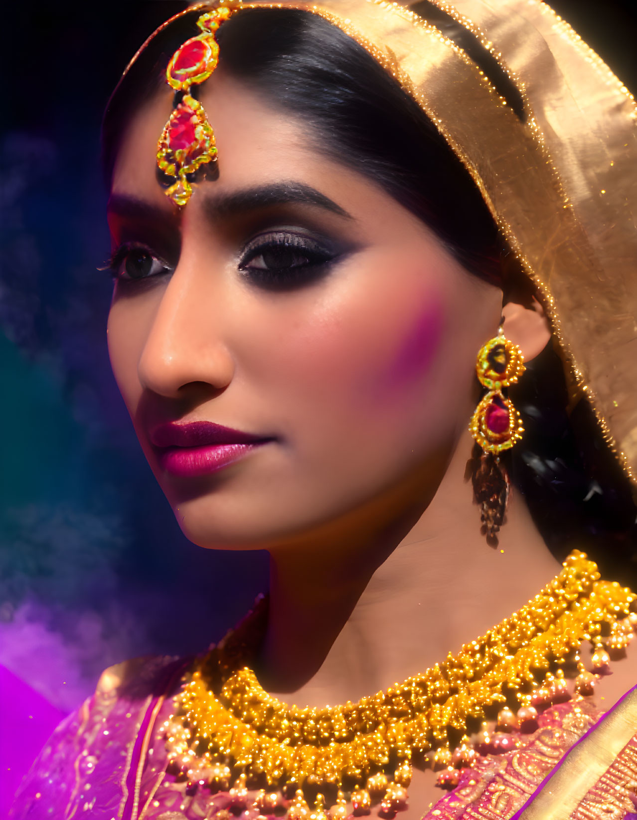 Traditional Indian Attire Woman with Gold Jewelry on Purple Background