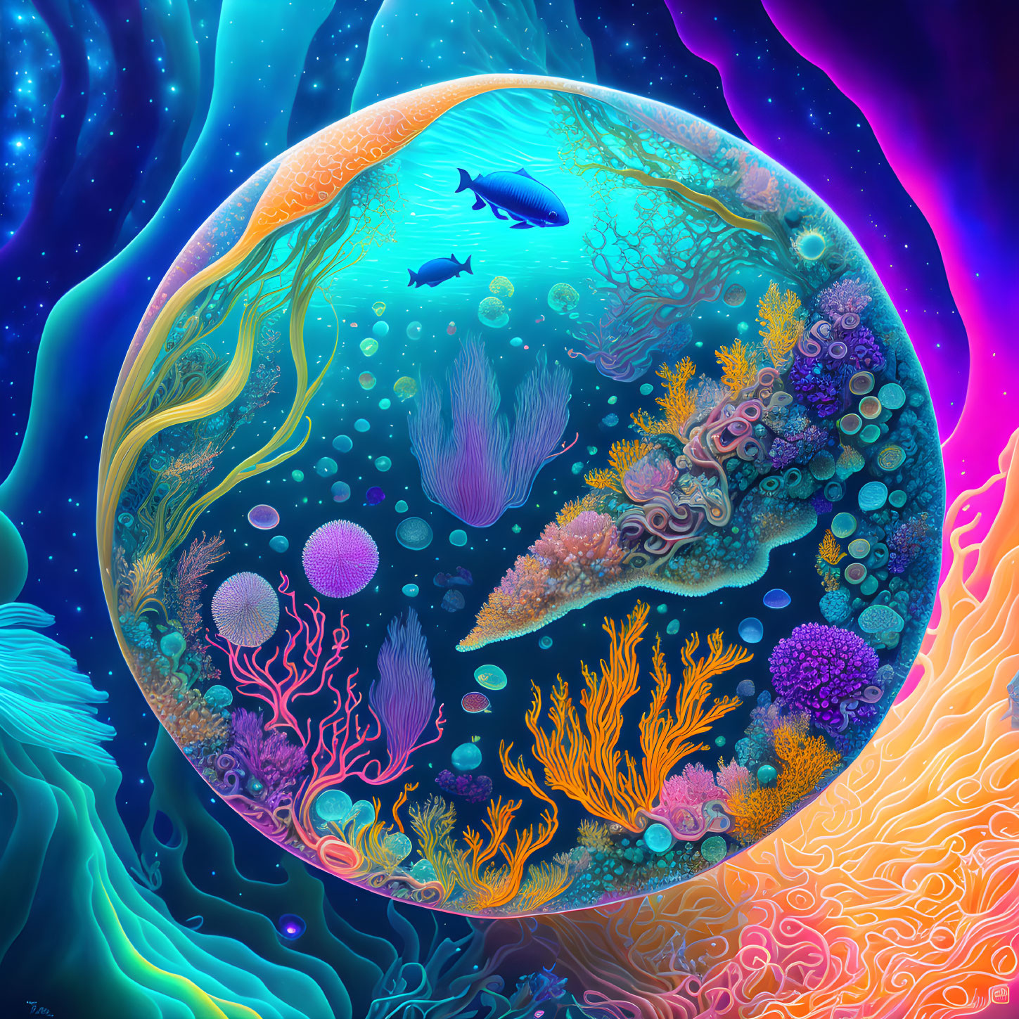 Colorful Underwater Scene with Coral and Fish in Circular Frame