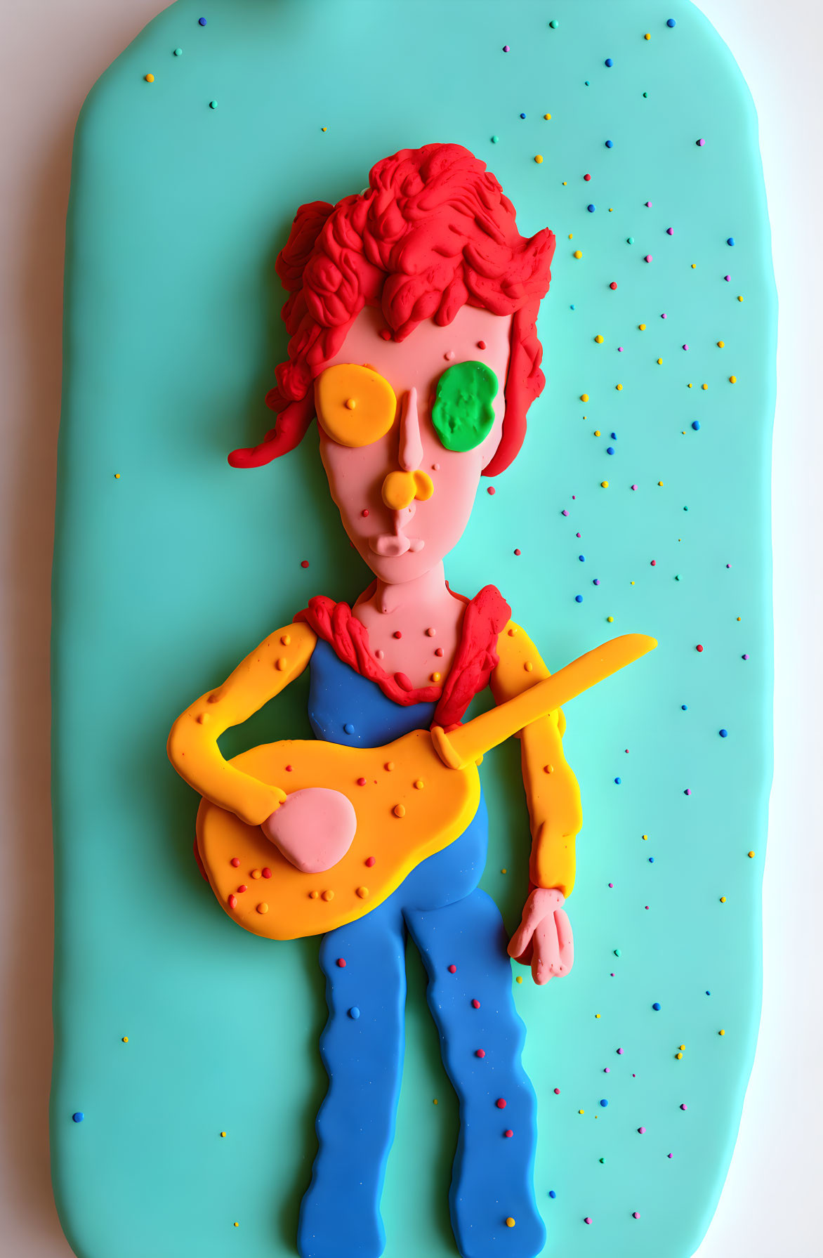 Colorful Clay Model of Person with Red Hair, Green Glasses, Yellow Guitar on Teal Background