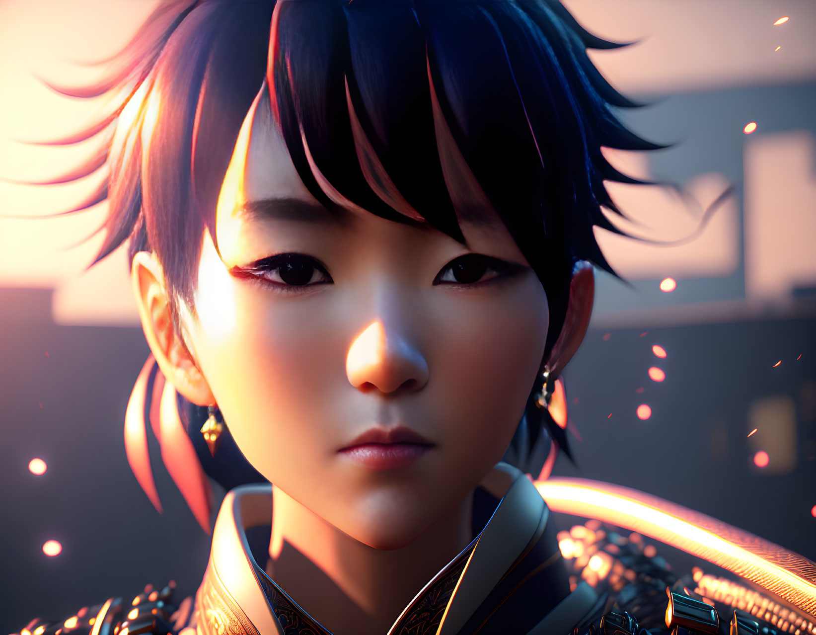 3D-rendered female with modern hairstyle in futuristic attire at sunset