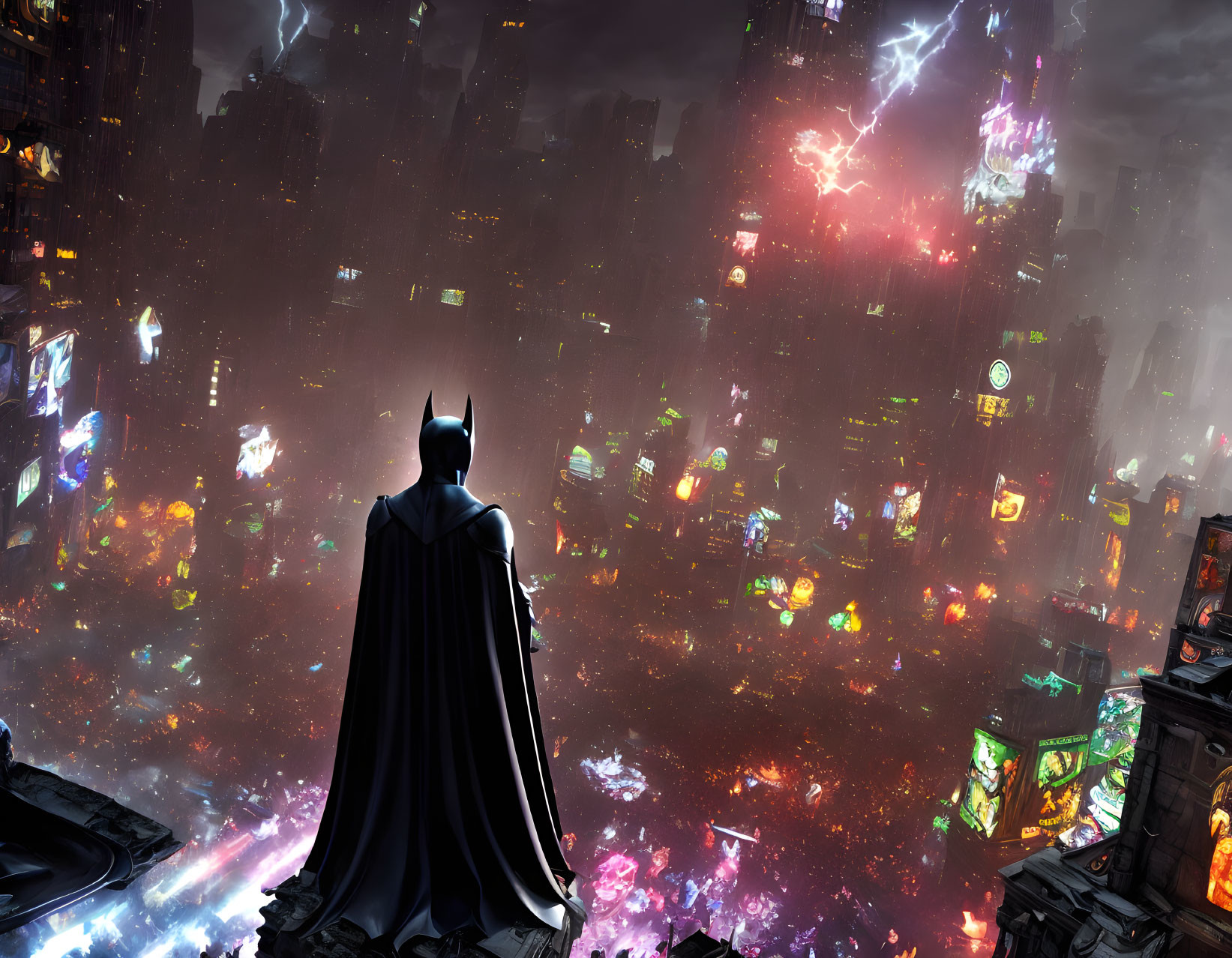 Futuristic cityscape with figure in bat costume at night