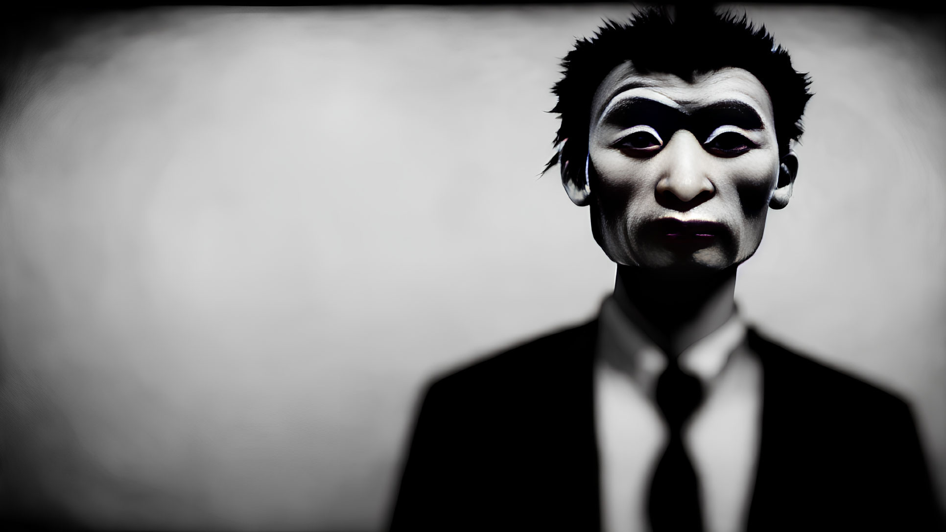 Dark Joker makeup person in black suit with disheveled hair on blurred backdrop