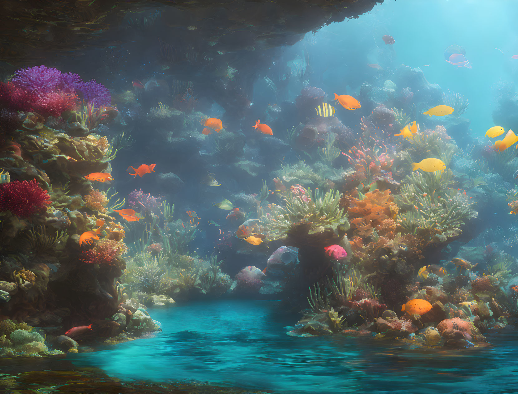 Colorful Fish Swimming Among Richly Textured Coral in Sunlit Underwater Scene