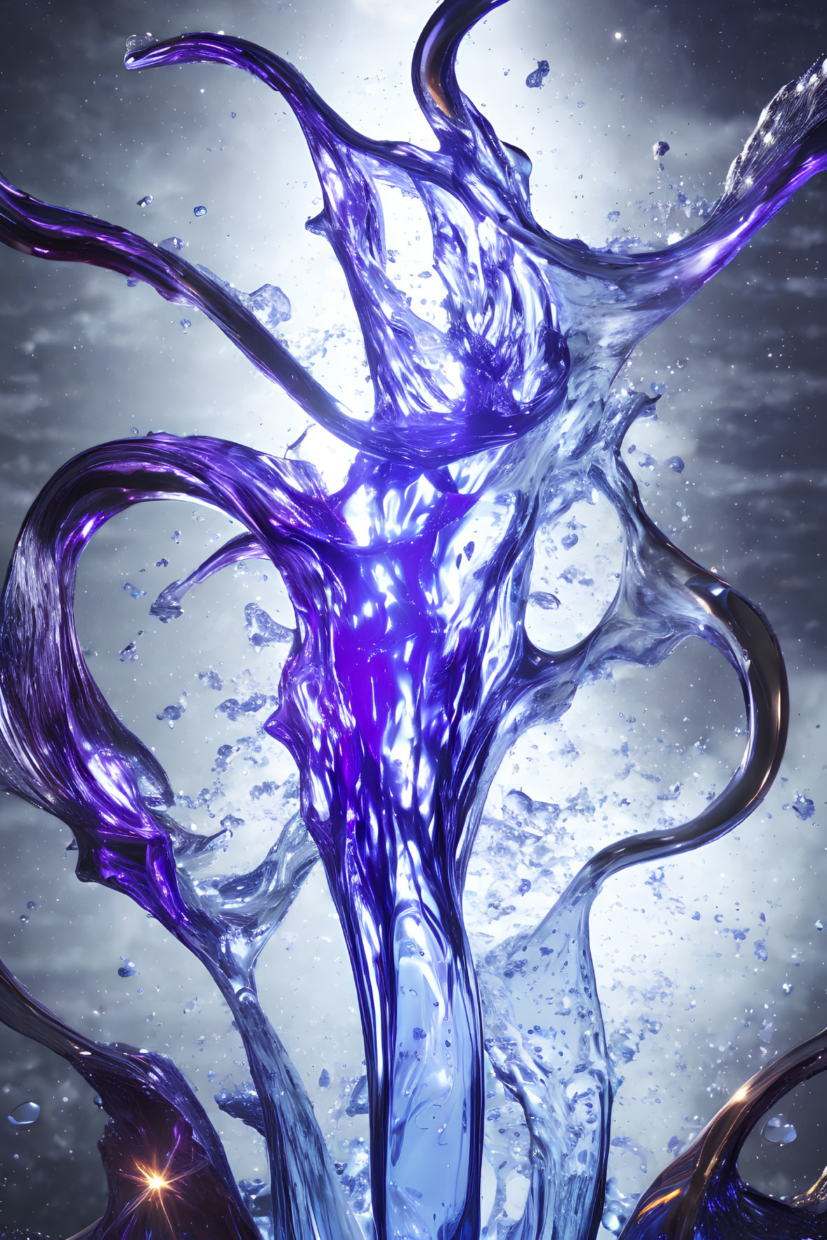 Vibrant purple liquid splashing with suspended droplets on shimmering background