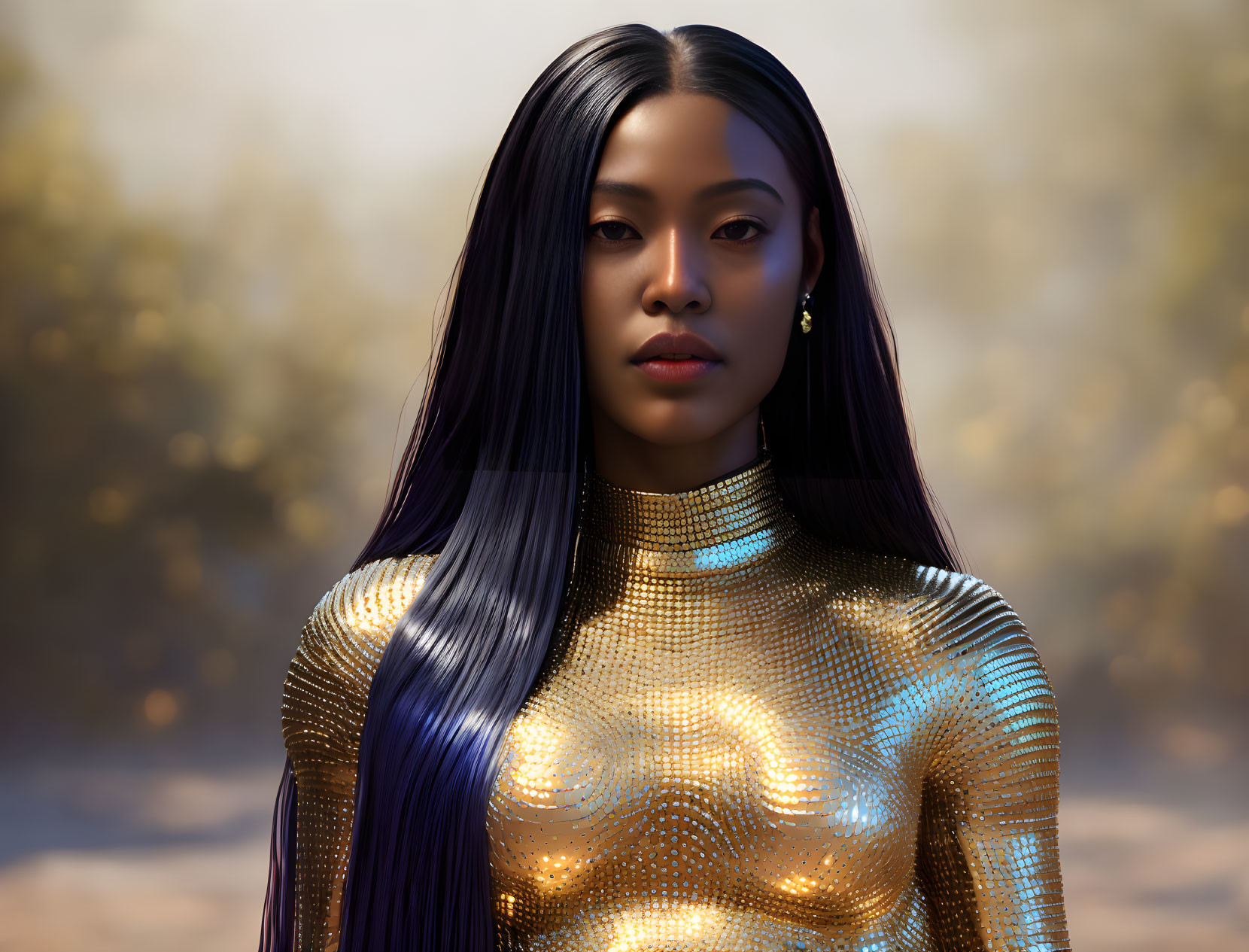 Woman with Long Black Hair in Golden Attire on Soft-Focused Background